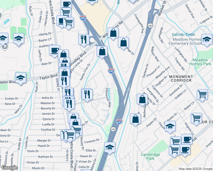 map of restaurants, bars, coffee shops, grocery stores, and more near 303 Ellinwood Way in Pleasant Hill