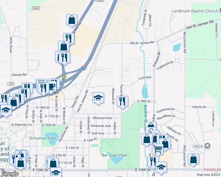 map of restaurants, bars, coffee shops, grocery stores, and more near 2005 Maxwell Street in Rolla