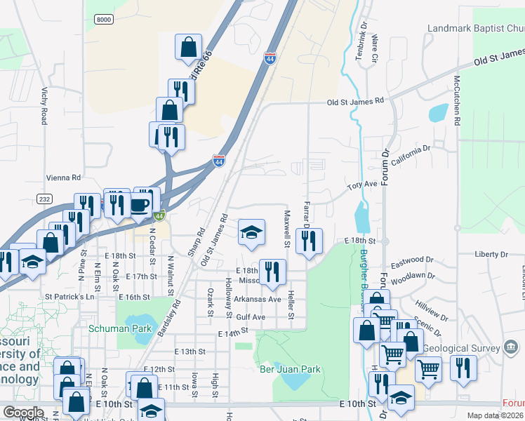 map of restaurants, bars, coffee shops, grocery stores, and more near 2005 Maxwell Street in Rolla