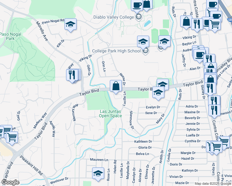 map of restaurants, bars, coffee shops, grocery stores, and more near 117 Haven Circle in Pleasant Hill