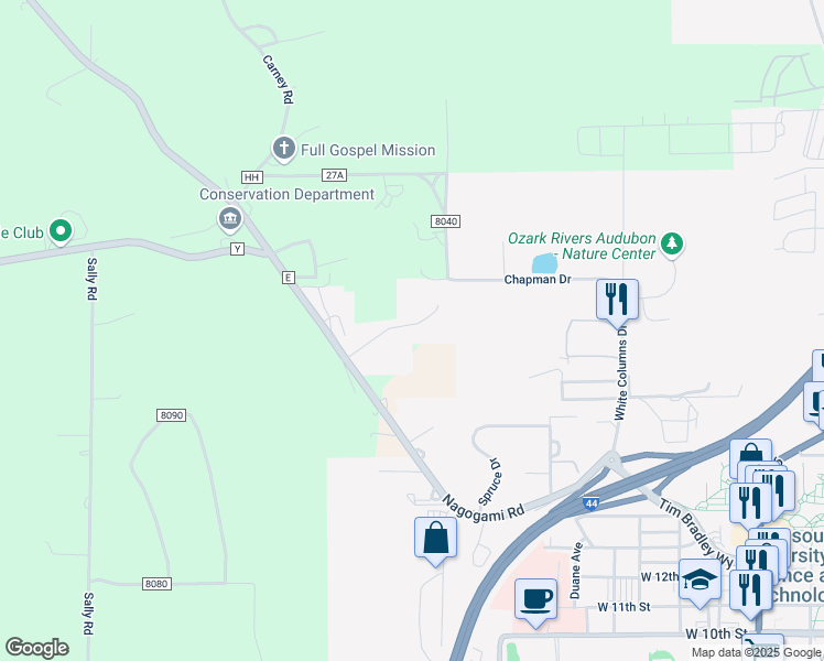 map of restaurants, bars, coffee shops, grocery stores, and more near 1971 Emily Drive in Rolla