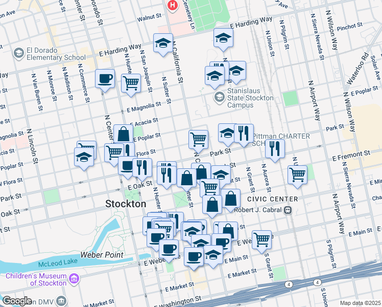 map of restaurants, bars, coffee shops, grocery stores, and more near 425 East Park Street in Stockton