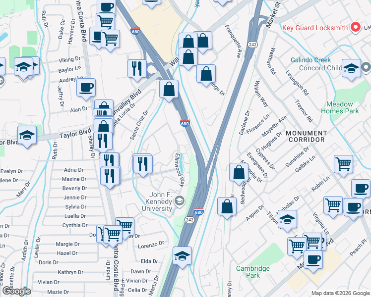 map of restaurants, bars, coffee shops, grocery stores, and more near 550 Ellinwood Way in Pleasant Hill