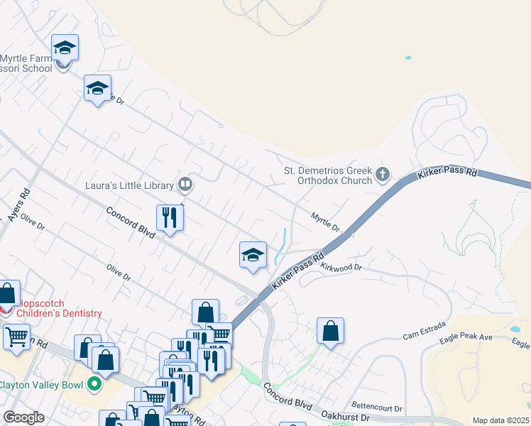 map of restaurants, bars, coffee shops, grocery stores, and more near 5328 Meadow Wood Place in Concord