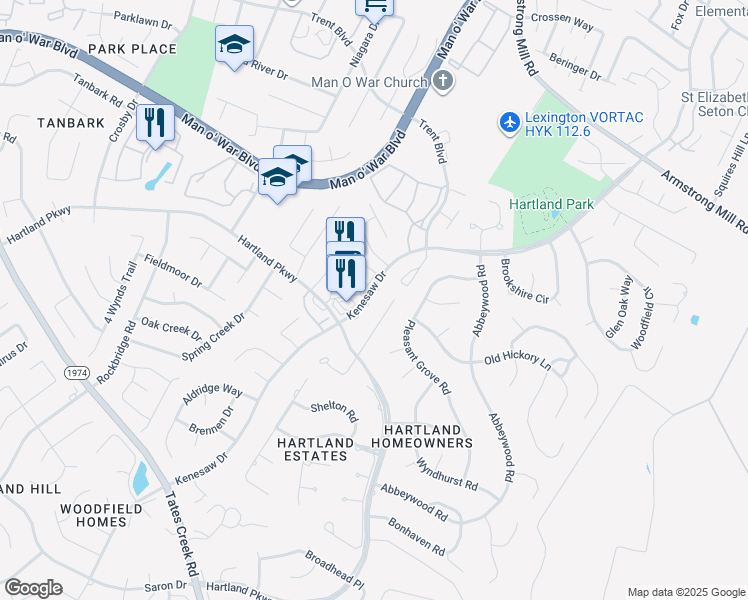 map of restaurants, bars, coffee shops, grocery stores, and more near 3824 Kenesaw Drive in Lexington