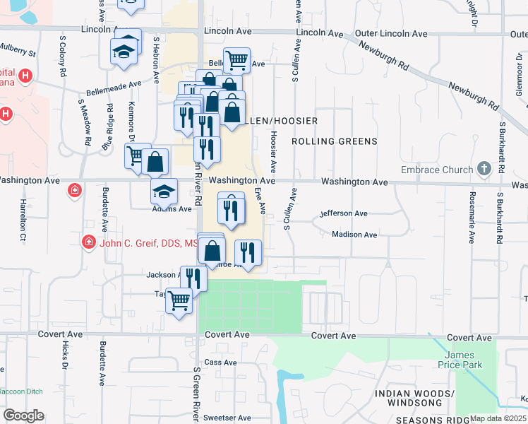 map of restaurants, bars, coffee shops, grocery stores, and more near 1146 Washington Avenue in Evansville