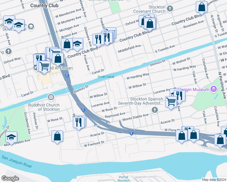map of restaurants, bars, coffee shops, grocery stores, and more near 1340 Holt Street in Stockton