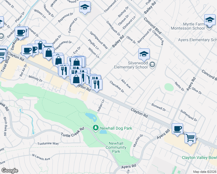 map of restaurants, bars, coffee shops, grocery stores, and more near 4807 Clayton Road in Concord