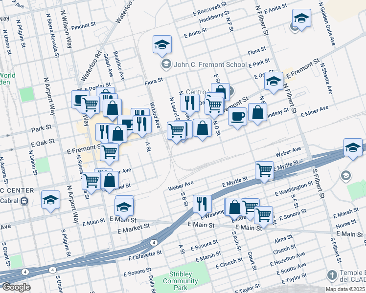 map of restaurants, bars, coffee shops, grocery stores, and more near 2051 East Miner Avenue in Stockton