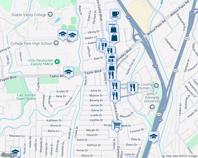 map of restaurants, bars, coffee shops, grocery stores, and more near 1572 Terry Way in Pleasant Hill
