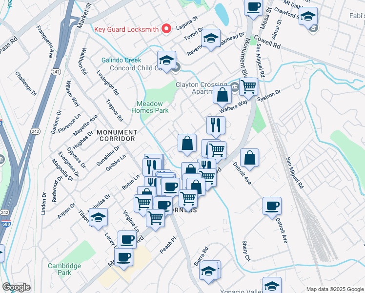 map of restaurants, bars, coffee shops, grocery stores, and more near 2398 Walters Way in Concord