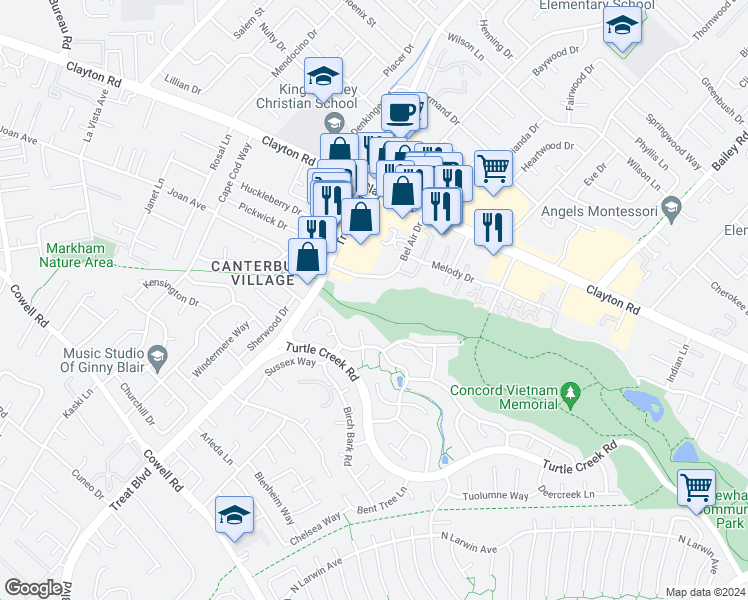 map of restaurants, bars, coffee shops, grocery stores, and more near 1450 Bel Air Drive in Concord