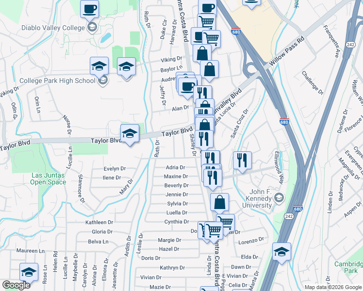 map of restaurants, bars, coffee shops, grocery stores, and more near 1572 Terry Way in Pleasant Hill