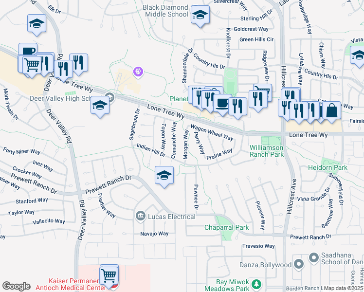 map of restaurants, bars, coffee shops, grocery stores, and more near 5016 Morgan Way in Antioch