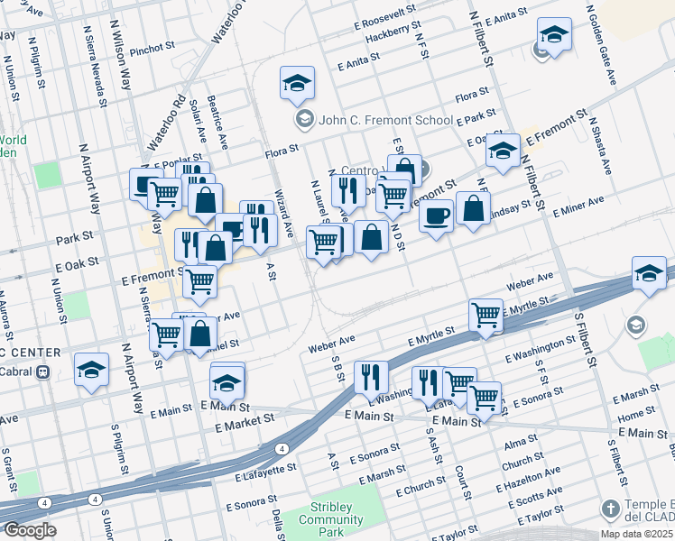 map of restaurants, bars, coffee shops, grocery stores, and more near 2051 E Miner Ave in Stockton