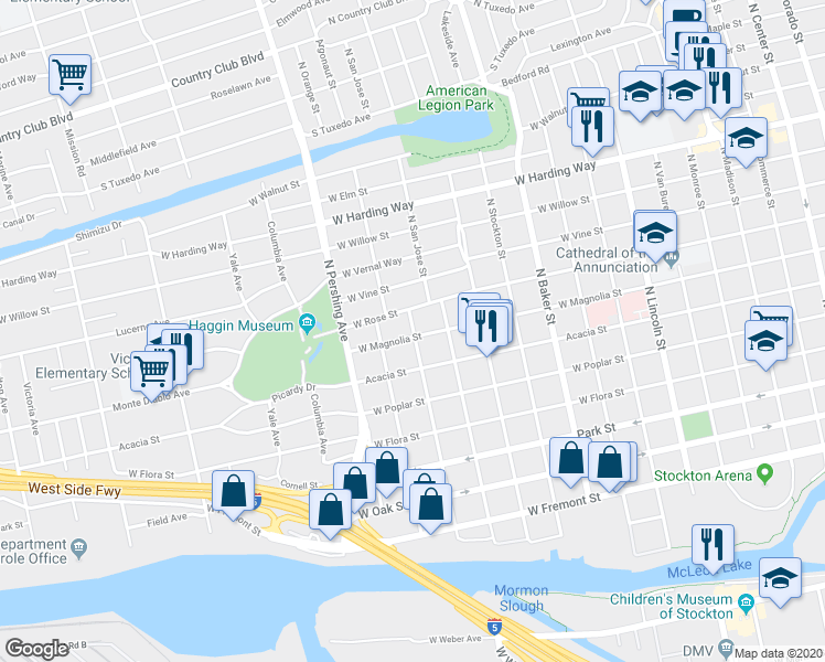 map of restaurants, bars, coffee shops, grocery stores, and more near 1103 Argonaut Street in Stockton