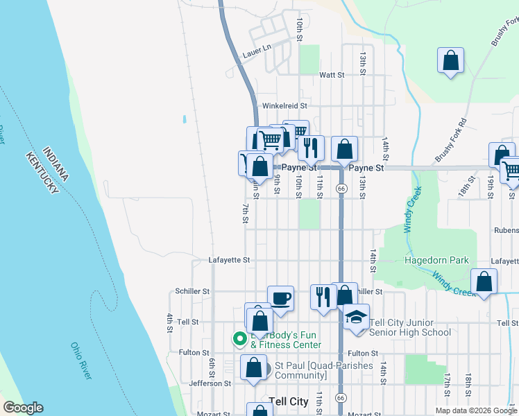 map of restaurants, bars, coffee shops, grocery stores, and more near 1301-1399 9th Street in Tell City