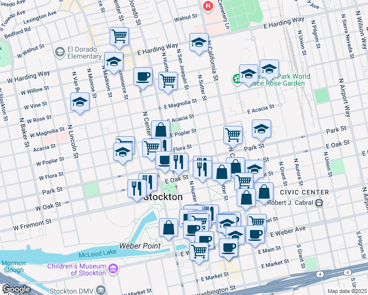 map of restaurants, bars, coffee shops, grocery stores, and more near 801 North Hunter Street in Stockton