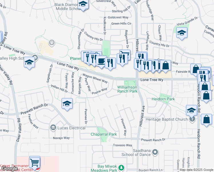 map of restaurants, bars, coffee shops, grocery stores, and more near 5062 Prairie Way in Antioch