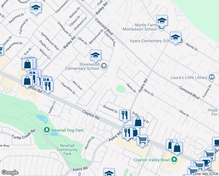 map of restaurants, bars, coffee shops, grocery stores, and more near 1578 Heather Drive in Concord