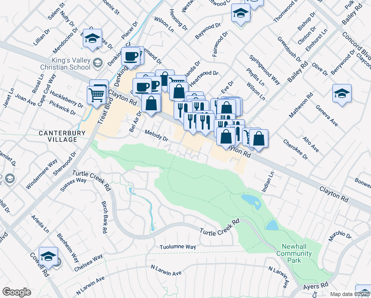 map of restaurants, bars, coffee shops, grocery stores, and more near 4640 Melody Drive in Concord