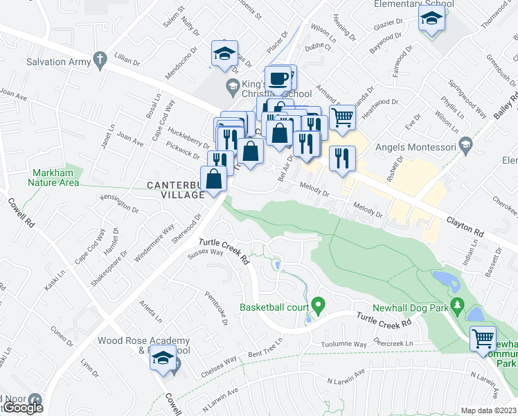 map of restaurants, bars, coffee shops, grocery stores, and more near 1450 Bel Air Drive in Concord