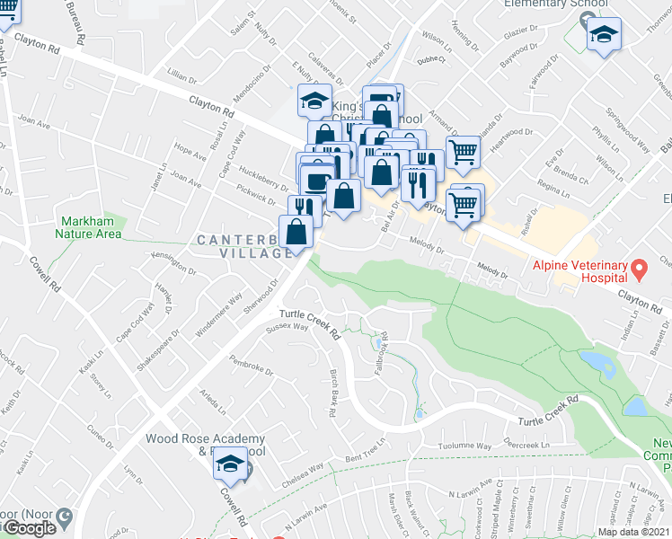 map of restaurants, bars, coffee shops, grocery stores, and more near 4331 Fallbrook Road in Concord
