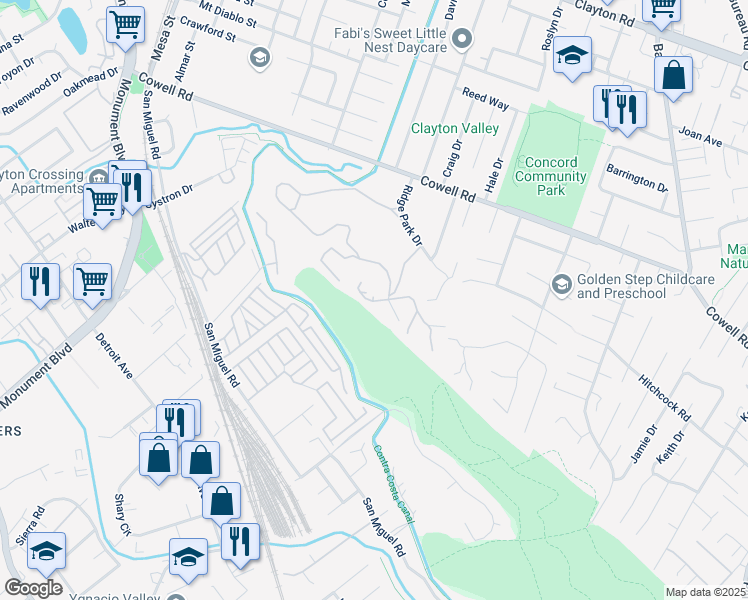 map of restaurants, bars, coffee shops, grocery stores, and more near 938 Ridge Drive in Concord