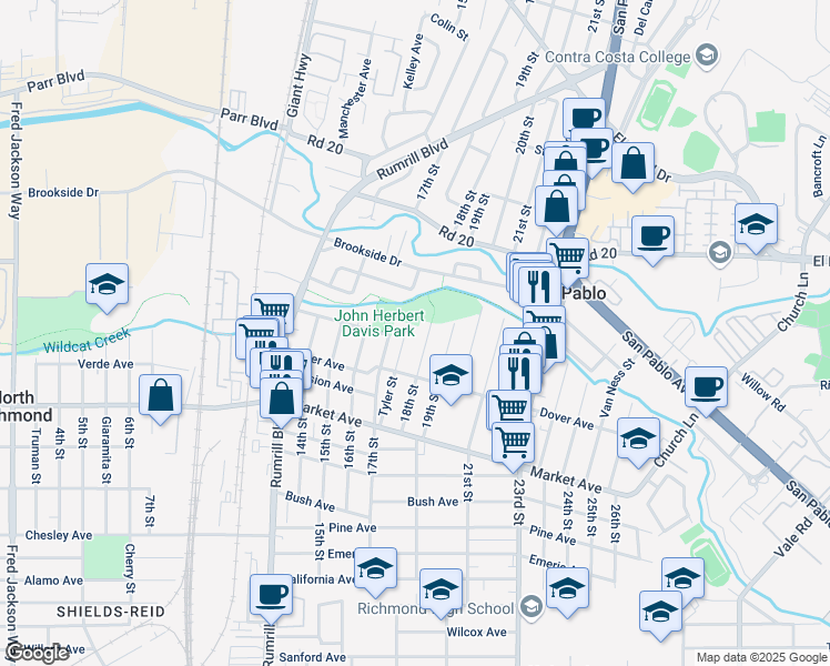 map of restaurants, bars, coffee shops, grocery stores, and more near 1955 Tyler Street in San Pablo