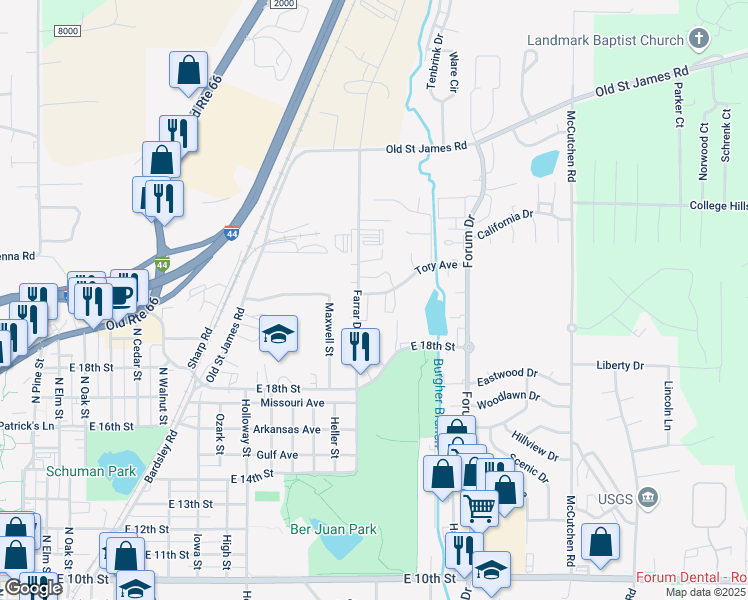 map of restaurants, bars, coffee shops, grocery stores, and more near 1883 Liam Court in Rolla