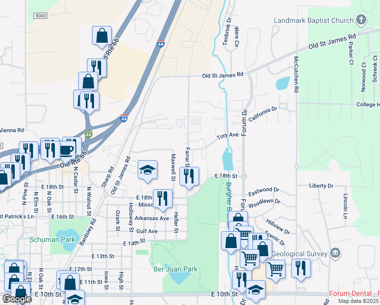 map of restaurants, bars, coffee shops, grocery stores, and more near 1883 Liam Court in Rolla