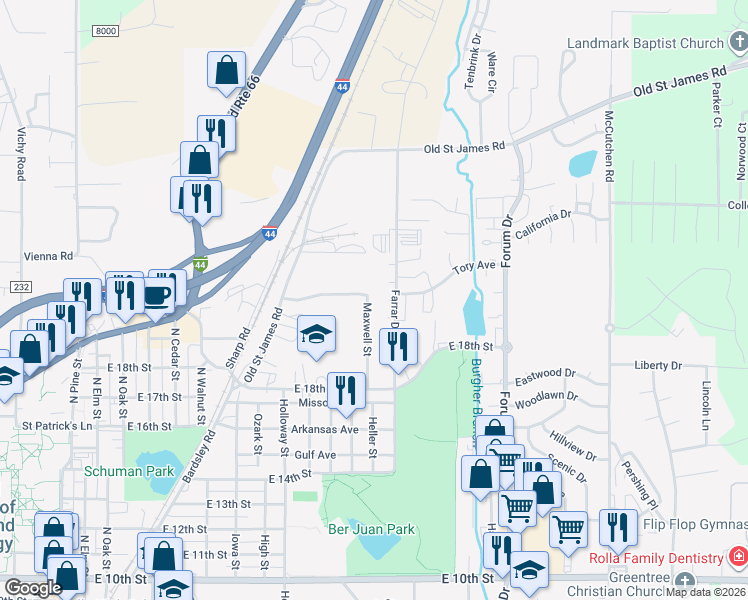 map of restaurants, bars, coffee shops, grocery stores, and more near 1910 Maxwell Street in Rolla