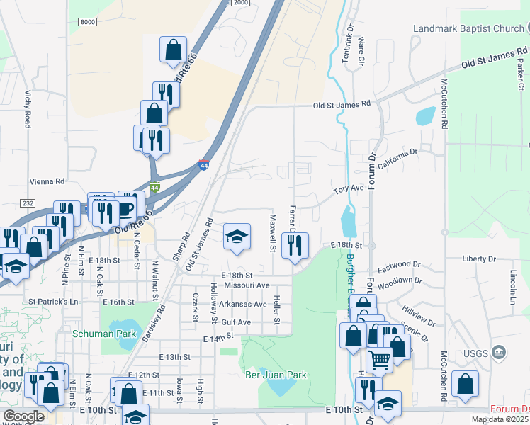 map of restaurants, bars, coffee shops, grocery stores, and more near 2005 Maxwell Street in Rolla