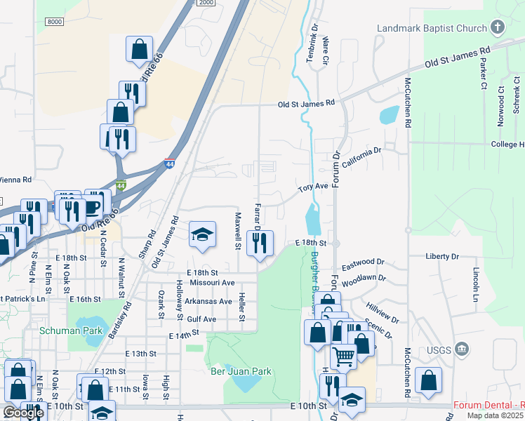 map of restaurants, bars, coffee shops, grocery stores, and more near 1883 Liam Court in Rolla