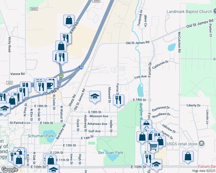 map of restaurants, bars, coffee shops, grocery stores, and more near 1913 Maxwell Street in Rolla