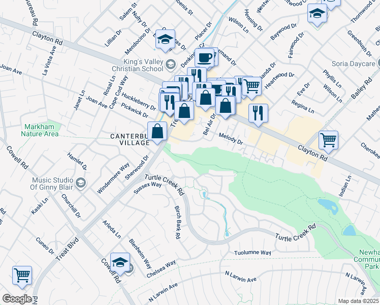 map of restaurants, bars, coffee shops, grocery stores, and more near 1450 Bel Air Drive in Concord