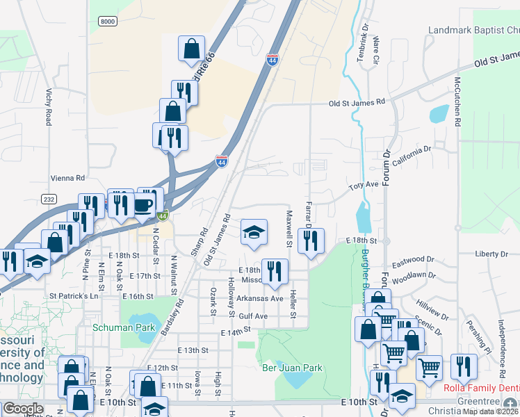 map of restaurants, bars, coffee shops, grocery stores, and more near 2011 Maxwell Street in Rolla