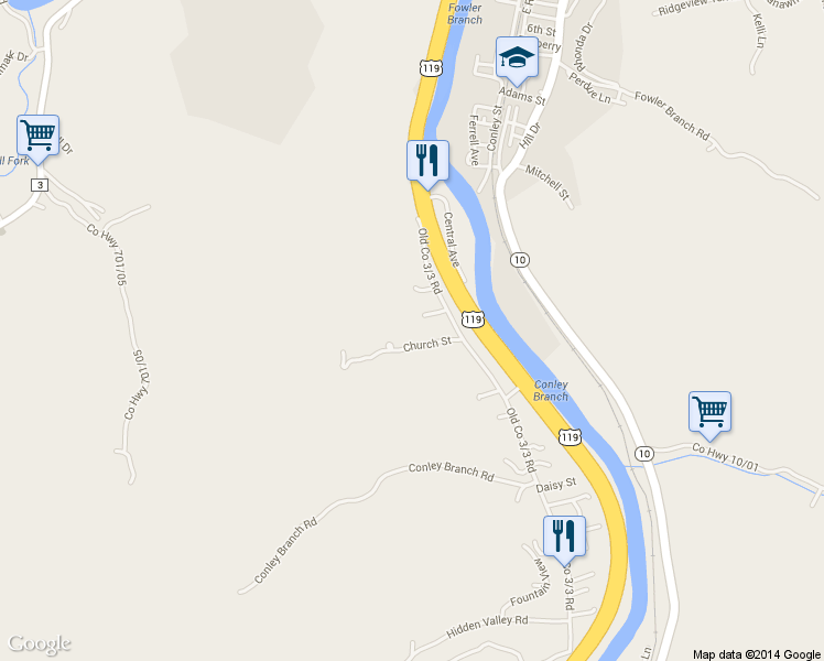 map of restaurants, bars, coffee shops, grocery stores, and more near 53 James St in Chapmanville