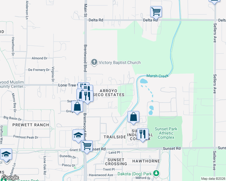map of restaurants, bars, coffee shops, grocery stores, and more near 2501 Cerritos Road in Brentwood