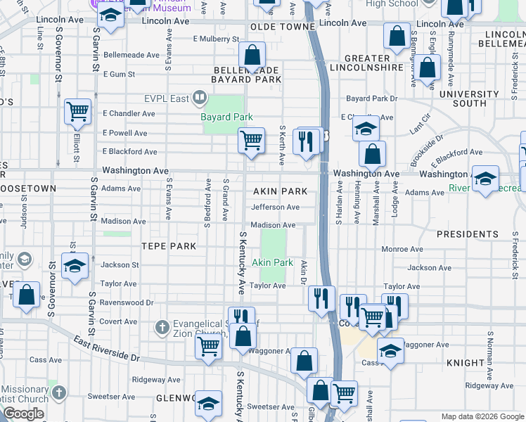 map of restaurants, bars, coffee shops, grocery stores, and more near 1066 Madison Avenue in Evansville