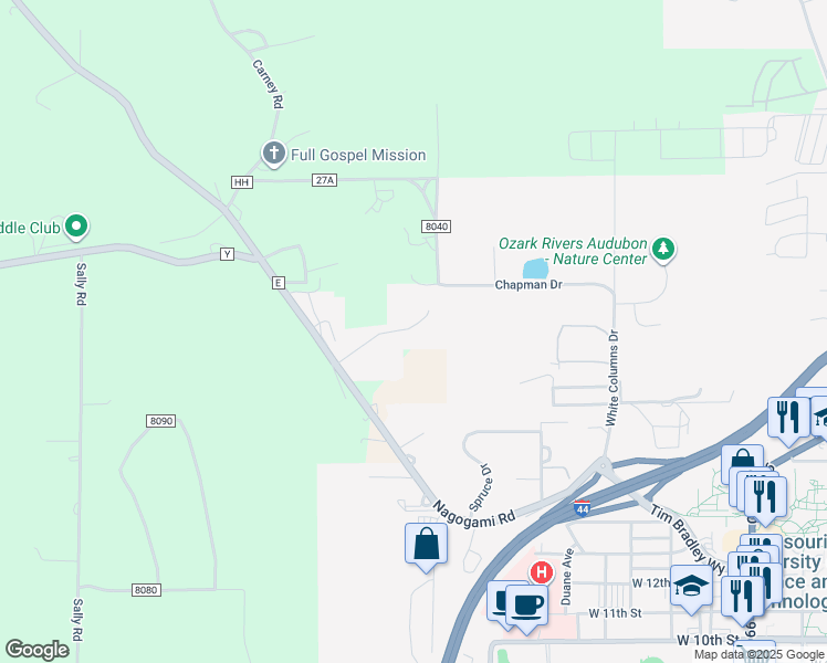 map of restaurants, bars, coffee shops, grocery stores, and more near 1969 Emily Drive in Rolla