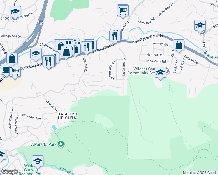 map of restaurants, bars, coffee shops, grocery stores, and more near 3977 La Cima Road in El Sobrante
