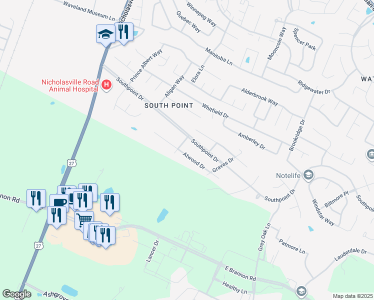 map of restaurants, bars, coffee shops, grocery stores, and more near 369 Atwood Drive in Lexington