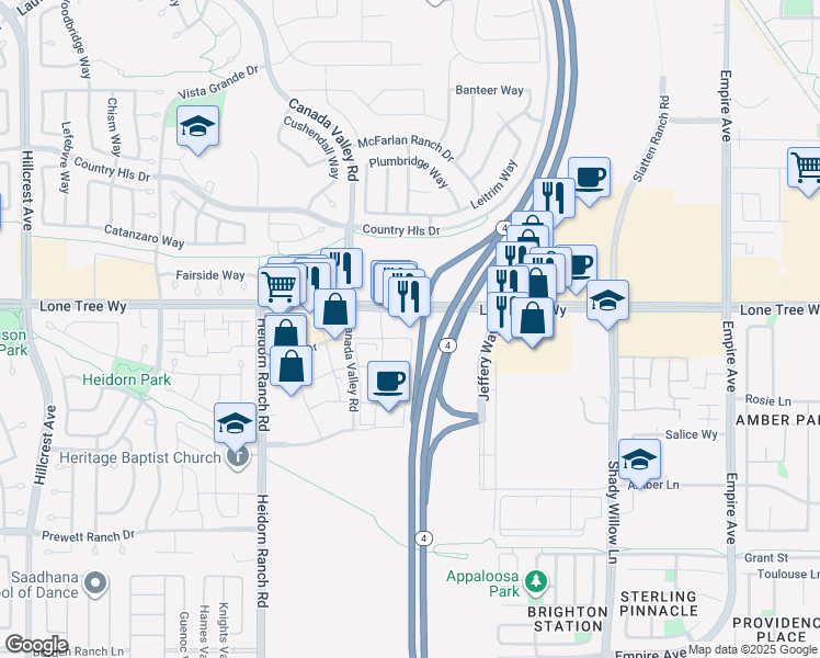 map of restaurants, bars, coffee shops, grocery stores, and more near 5611 Lone Tree Way in Brentwood