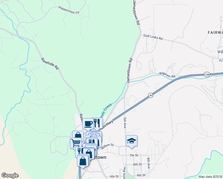 map of restaurants, bars, coffee shops, grocery stores, and more near 18563 Jamestown Road in Jamestown