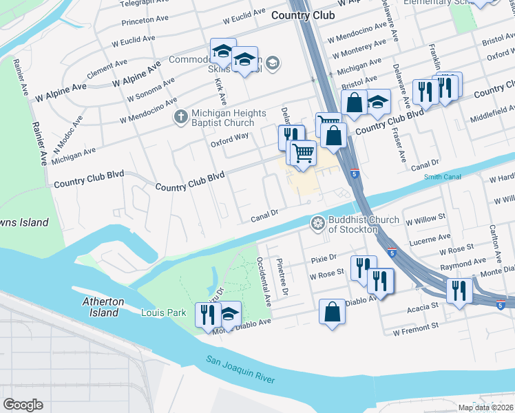 map of restaurants, bars, coffee shops, grocery stores, and more near 3029 Canal Drive in Stockton