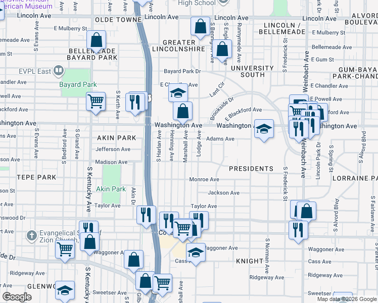 map of restaurants, bars, coffee shops, grocery stores, and more near 1127 Marshall Avenue in Evansville