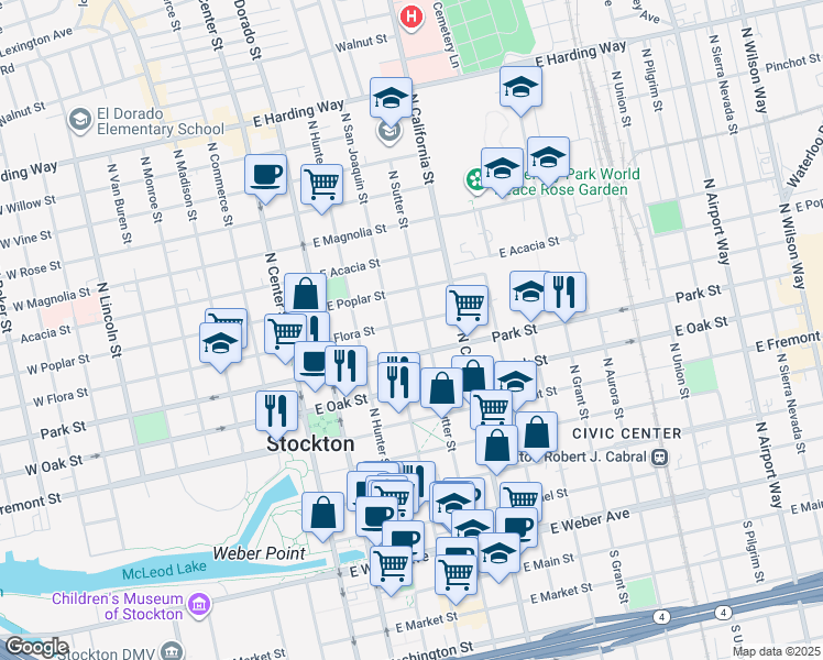 map of restaurants, bars, coffee shops, grocery stores, and more near 330 Flora Street in Stockton