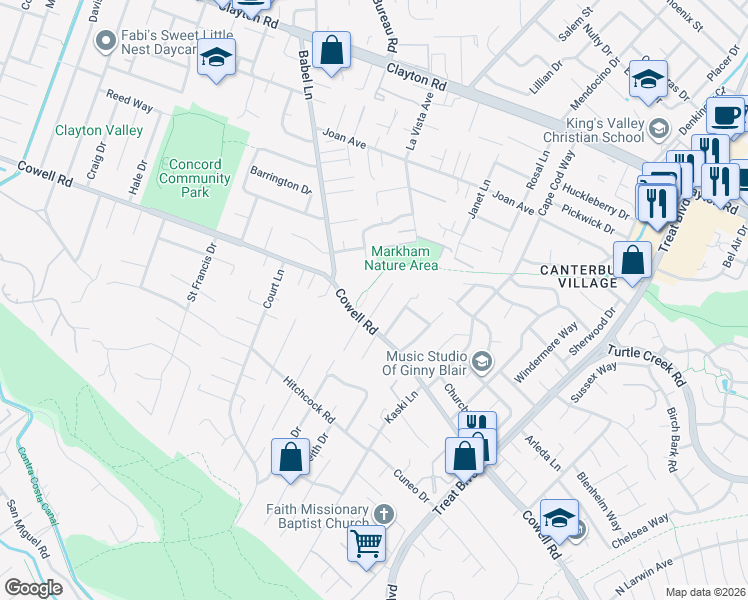 map of restaurants, bars, coffee shops, grocery stores, and more near 1221 Mc Ewing Court in Concord