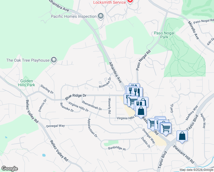 map of restaurants, bars, coffee shops, grocery stores, and more near 218 Oak Manor Plaza in Martinez